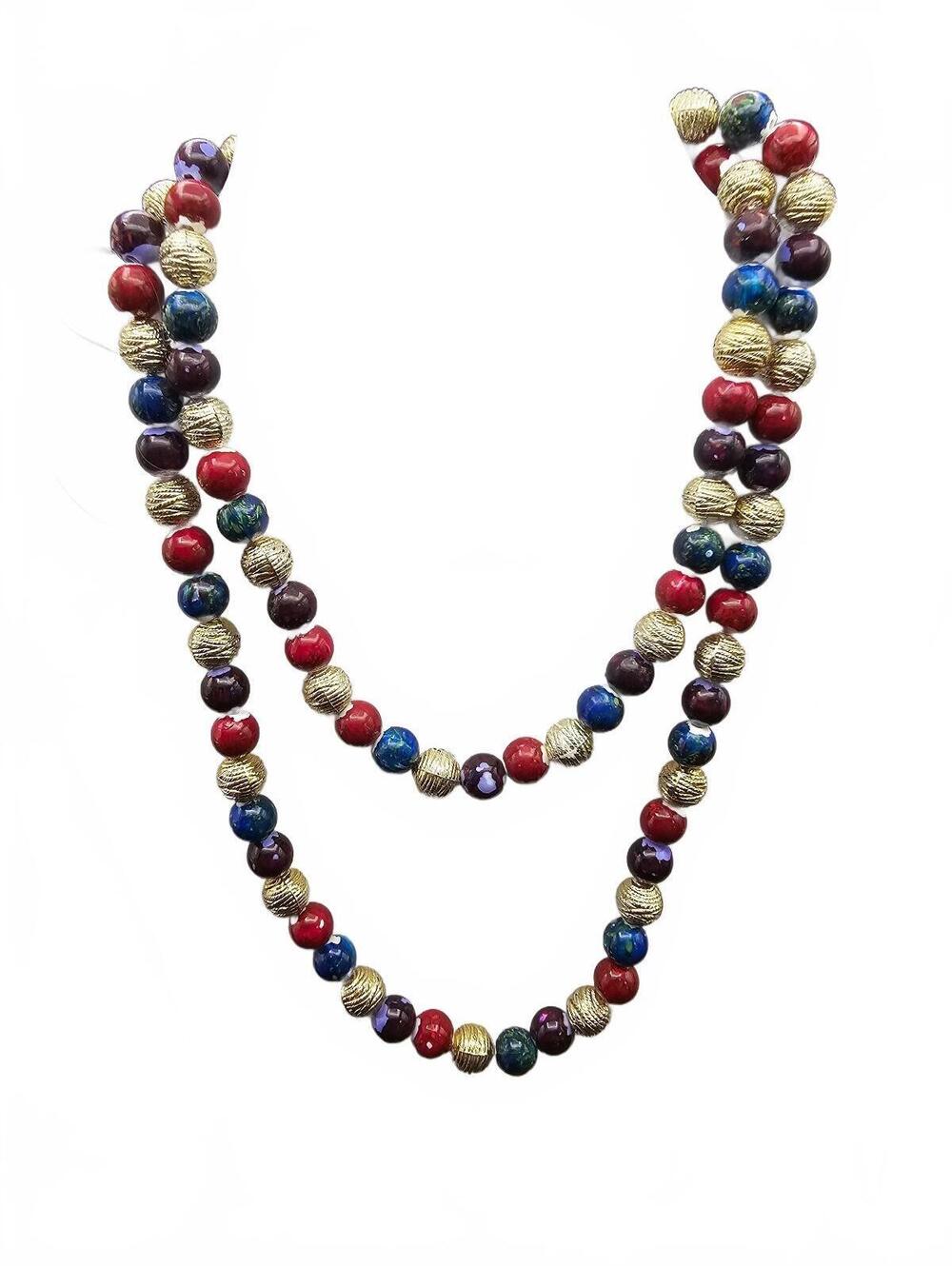 Vintage Multicolor Beaded Necklace with Gold Tone Accents